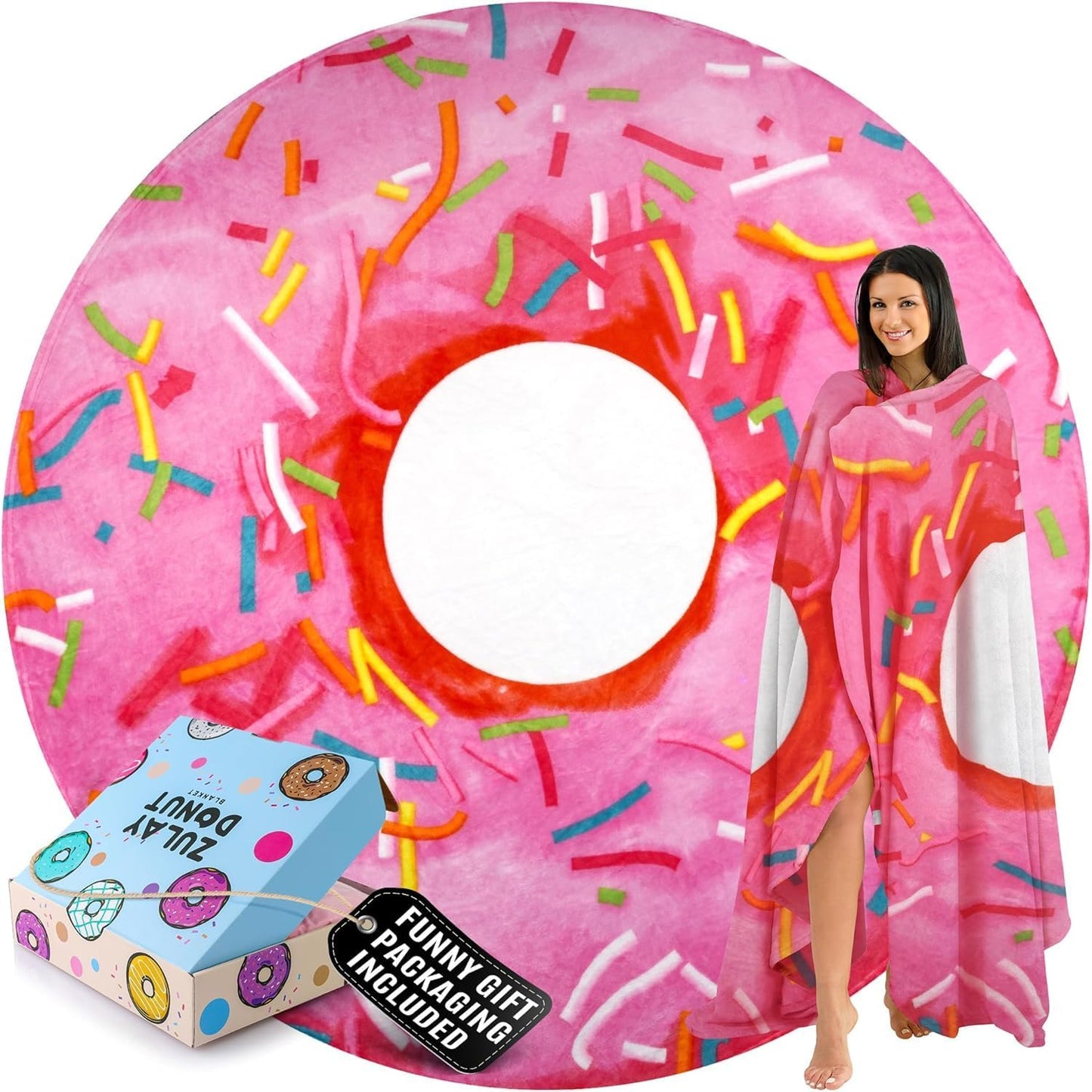 Zulay Giant Double Sided Glazed Donut Blanket - Novelty Round Flannel Donut Blanket for Adults & Kids - Indoors, Outdoors, Travel - 60 Inches