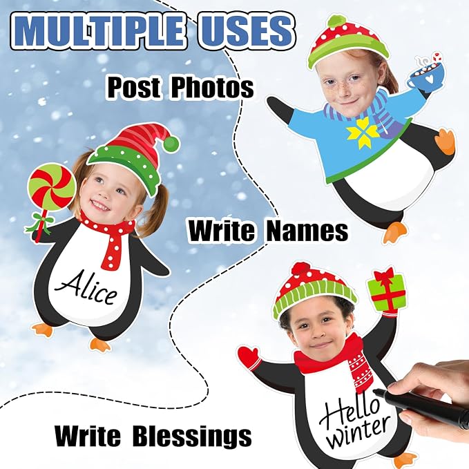 Whaline Winter Penguin Cutouts, 48 Sets Christmas Penguin & Hats DIY Photo Name