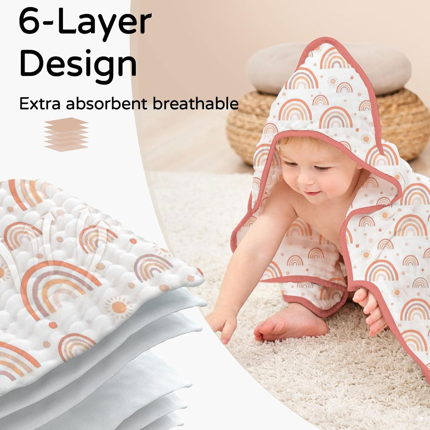 Yoofoss Hooded Baby Towels for Newborn 2 Pack 100% Muslin Organic Cotton Baby Bath Towel with Hood for Babies, Infant, Toddler and Kids, 32x32Inch, Soft and Absorbent Newborn Essential,Pink Rainbow