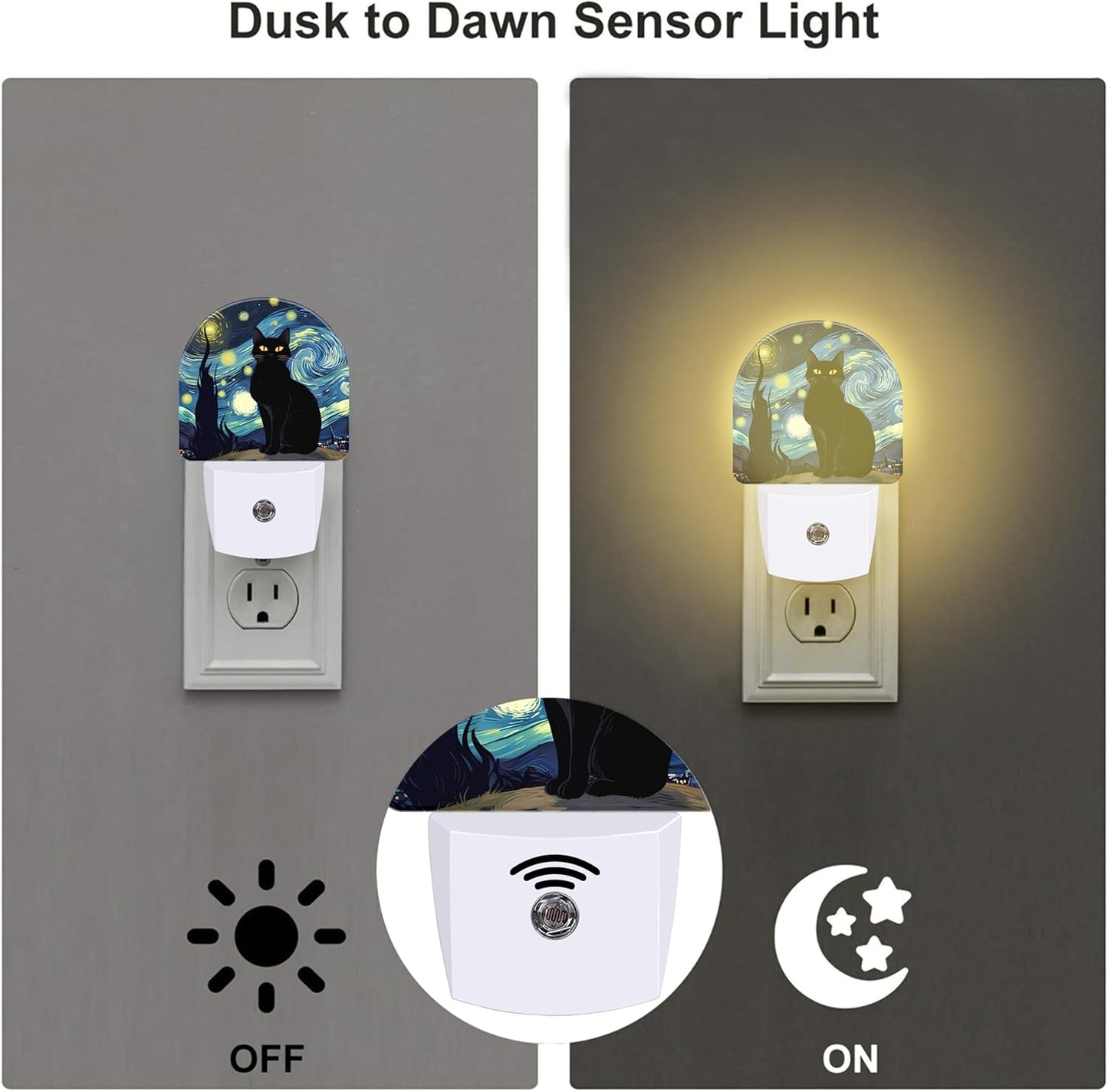Starry Night Black Cat Night Light Plug into Wall, Impressionist Oil Painting Dusk to Dawn Night Light Plug in,0.5w Energy Saving Sleep Friendly NightLight for Kids Boys Girls Home Decor