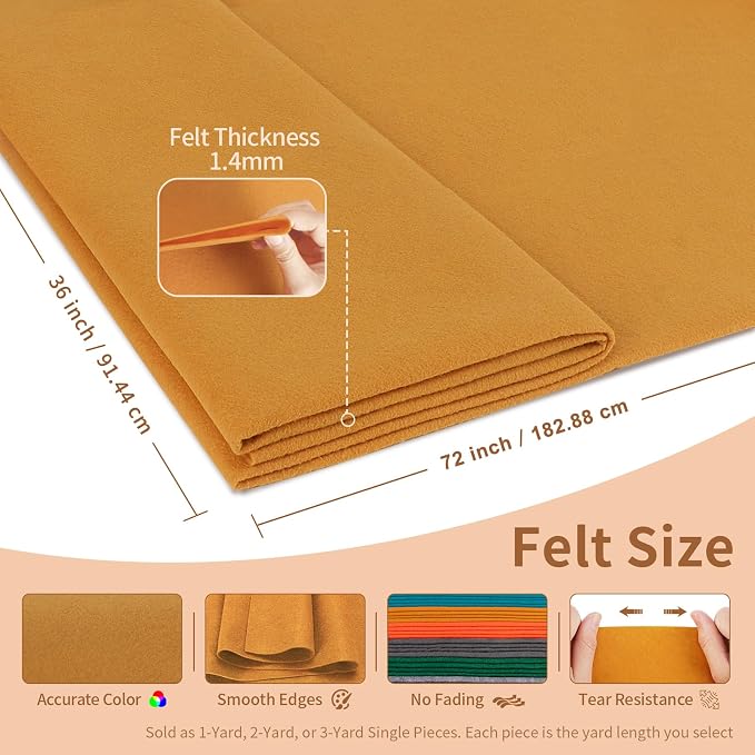 Golden Yellow Felt Fabric Sheet 72" X 36", 1.4mm Thick Large Soft Durable