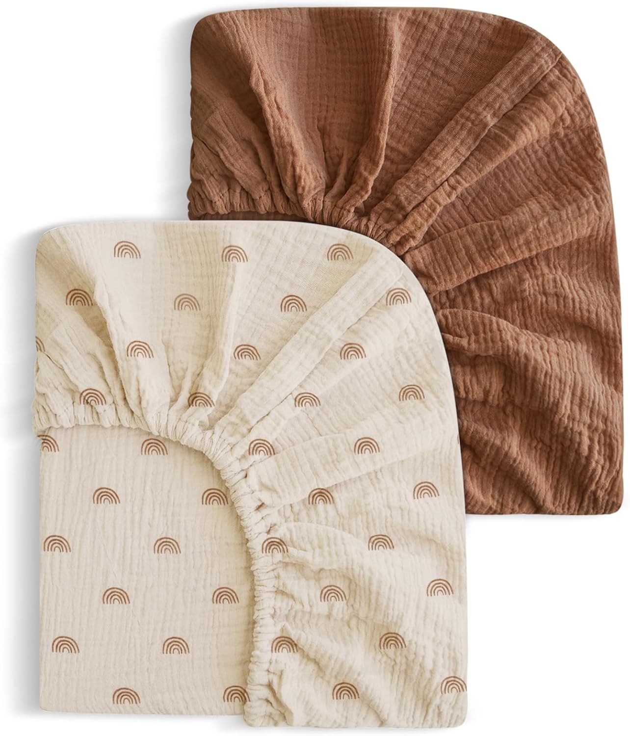 2 Pack Soft Muslin Baby Mini Crib Sheets, 100% Cotton Breathable Double Layer Fitted Sheets for Mini Crib and Pack N Play Mattresses 24x38 Inches, for Baby Girls and Boys (Brown & Rainbow