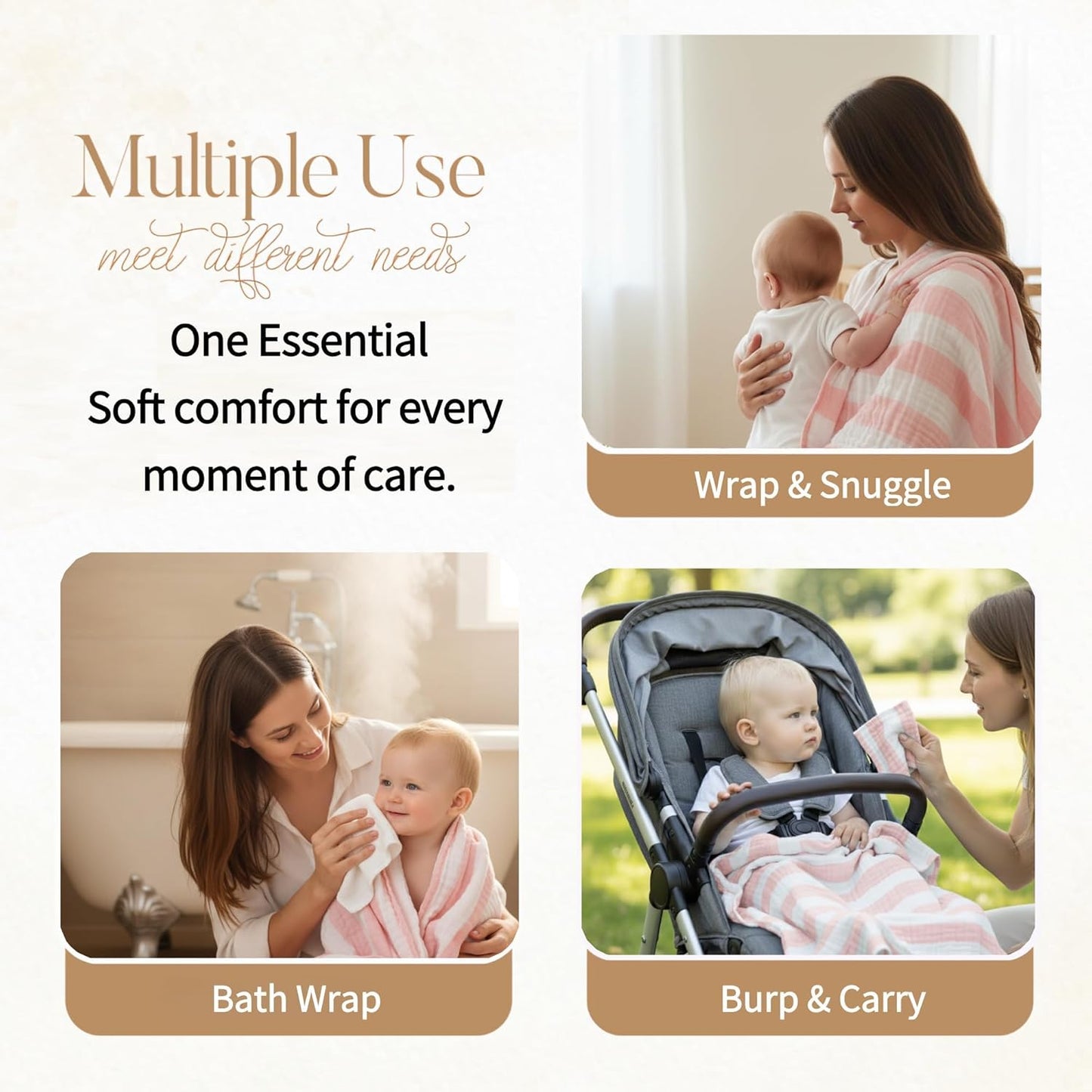 Muslin Baby Towel 5 Pieces Set,Ultra Soft and Absorbent for Baby's Delicate Skin, Ideal for Newborns to Toddlers, Perfect for Baby Registry or as a Shower Gift. (Pink)