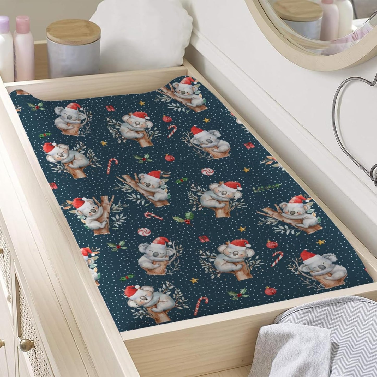 Christmas Koala Baby Changing Pad Covers Australian Animal Diaper Changing Table Sheets for Boy Girl Cute Koala Bears Santa Hat Branch Gift Soft Stretchy Fitted Baby Change Table Mats 32''x16''
