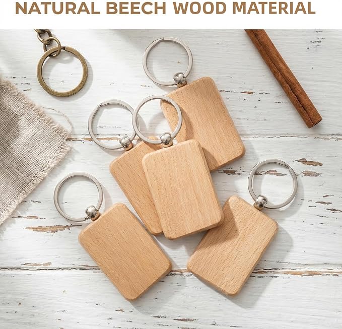 WRINGKIT 50 Pieces Wood Keychain Blank, Unfinished Laser Engraving Blanks