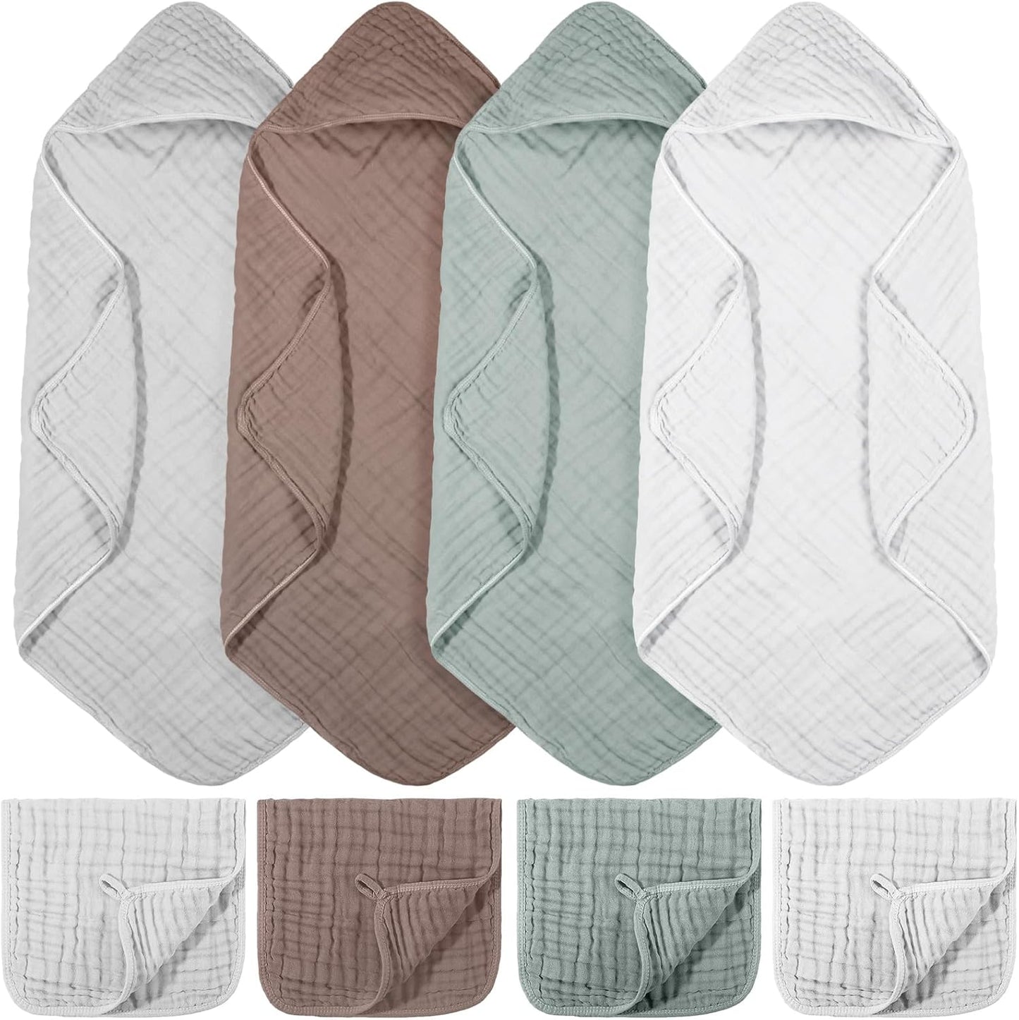 VitalCozy 8 Pcs Baby Muslin Hooded Bath Towels and Washcloths, 32 x 32 Inch Muslin Cotton Absorbent Hooded Blankets for Gift Newborn Infant Shower (Grey, Blue)