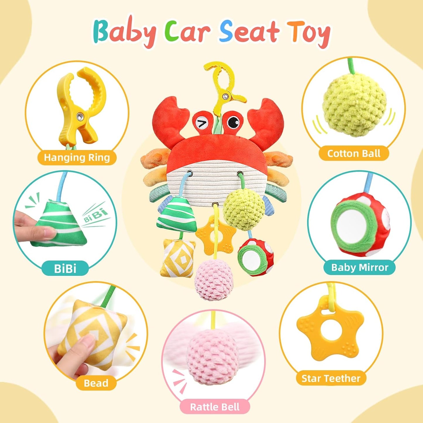 Car Seat Toys for Babies 0-6 Months, Stroller Hanging Toys for Babies 3-6 Months, Crinkle Rattle Mirror Crib Carseat Toy for Infants 6-12 Month, Gifts for Baby Boys Girls Newborns