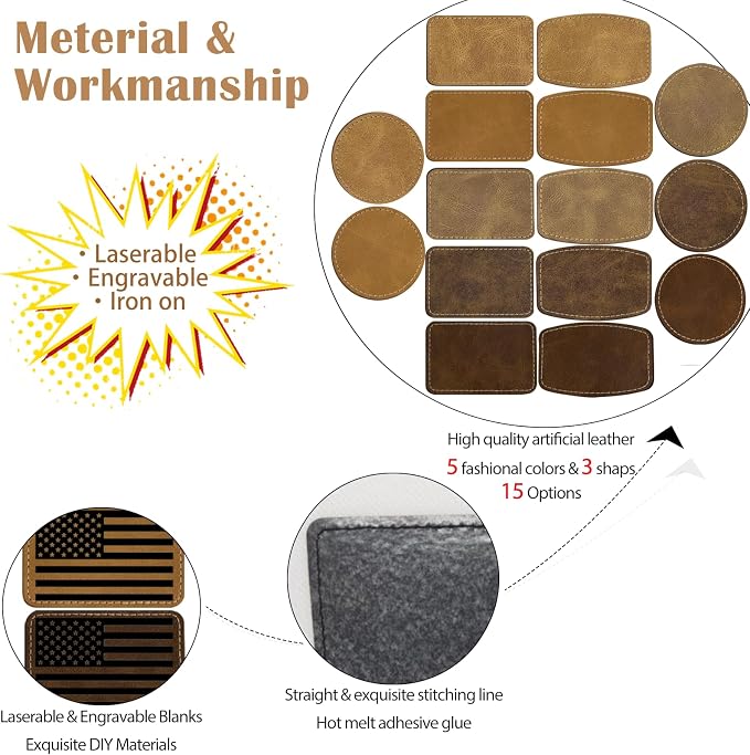 60pcs Blank Patches for Laser Engraving & Iron On | PU Leather Repair Patches |