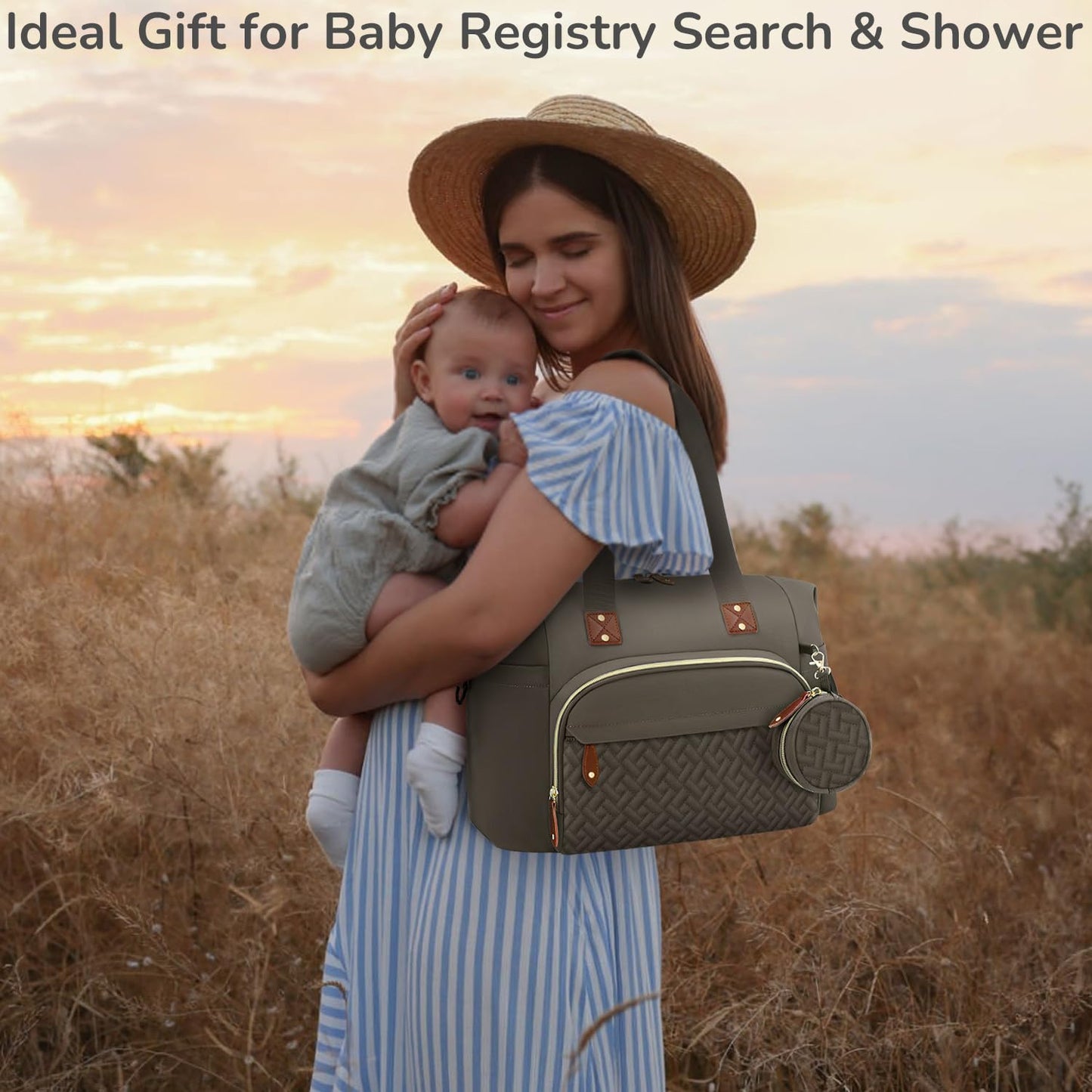 Diaper Bag Tote, Baby Bag Travel Diaper Tote Bag with Pacifier Case, Cute Maternity Hospital Baby Stylish Diaper Tote for Mom Dad Medium Size, Khaki