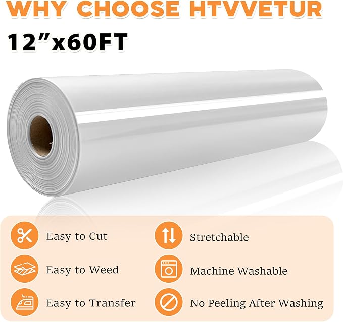 HTVVETUR Iron on Vinyl 12Inch by 60ft Heat Transfer Vinyl
