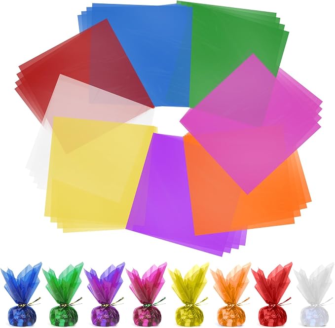 Cellophane Wrap, 8 Multi-Colors Colored Cellophane, 7.5x7.5 Inch Transparent