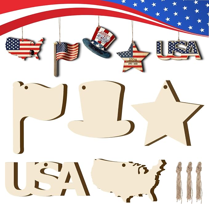 30Pcs Patriotic July of 4th Independence Day Unfinished Wooden Gift Ornaments