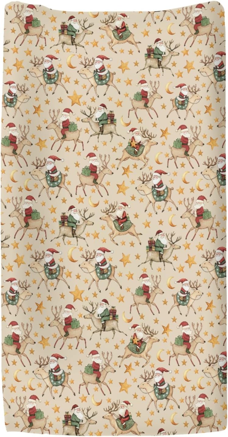 Cute Christmas Santa Claus Reindeer Baby Changing Pad Covers for Boy Girl Vintage Santa Gifts Stars Moon Fitted Changing Table Mats Winter Holiday Festive Soft Diaper Change Table Sheets 32''×16''