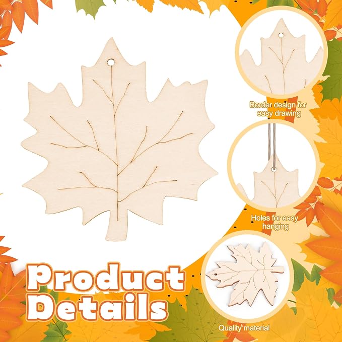 24 PCS Unfinished Wooden Fall Crafts, Maple Leaves Shaped Hanging Ornaments DIY