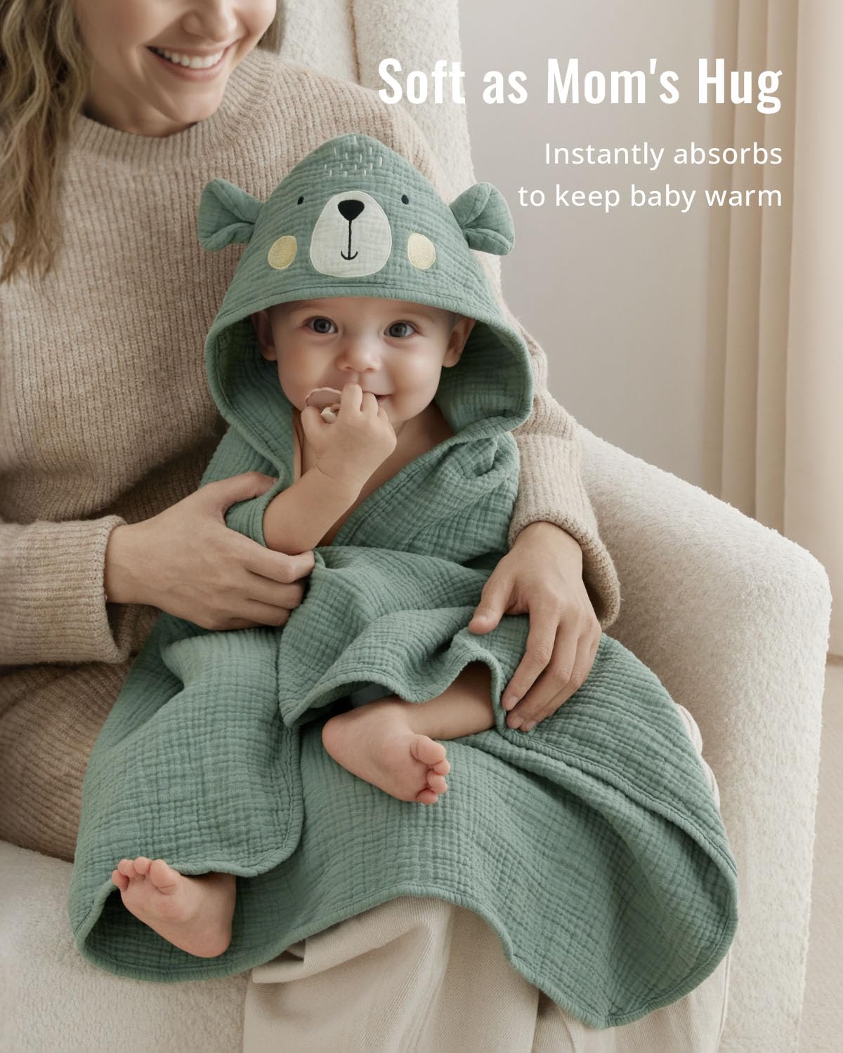Blissful Diary Muslin Baby Hooded Towel, Soft and Absorbent Bath Towel for Newborn, Infant, Toddler, Unisex, 32″x32″ - Smart Bear