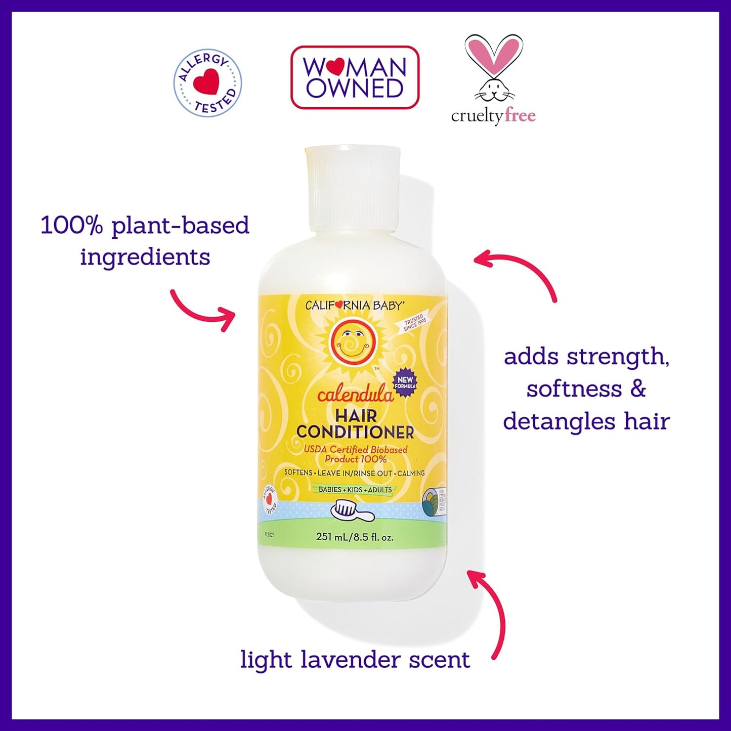 California Baby Calendula Hair Conditioner | 100% Plant-Based Kids Conditioner | Rinse-out or Leave in Conditioner | Lavender Scent | 251 mL / 8.5 oz