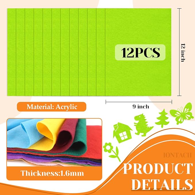 IONTACH 9" X 12" Felt Fabric Sheets 1.6mm Thick | Soft Felt