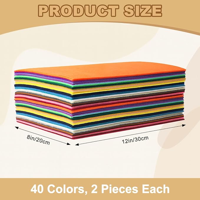 80PCS, 1mm Stiff Felt Fabric Sheets, 40 Assorted Colors, Felt Sheets
