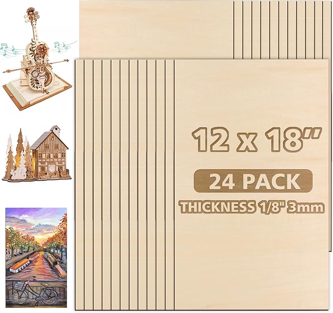 Adrattnay 24Pcs Large Basswood Sheets 12 x 18 x 1/8” - 3mm Plywood