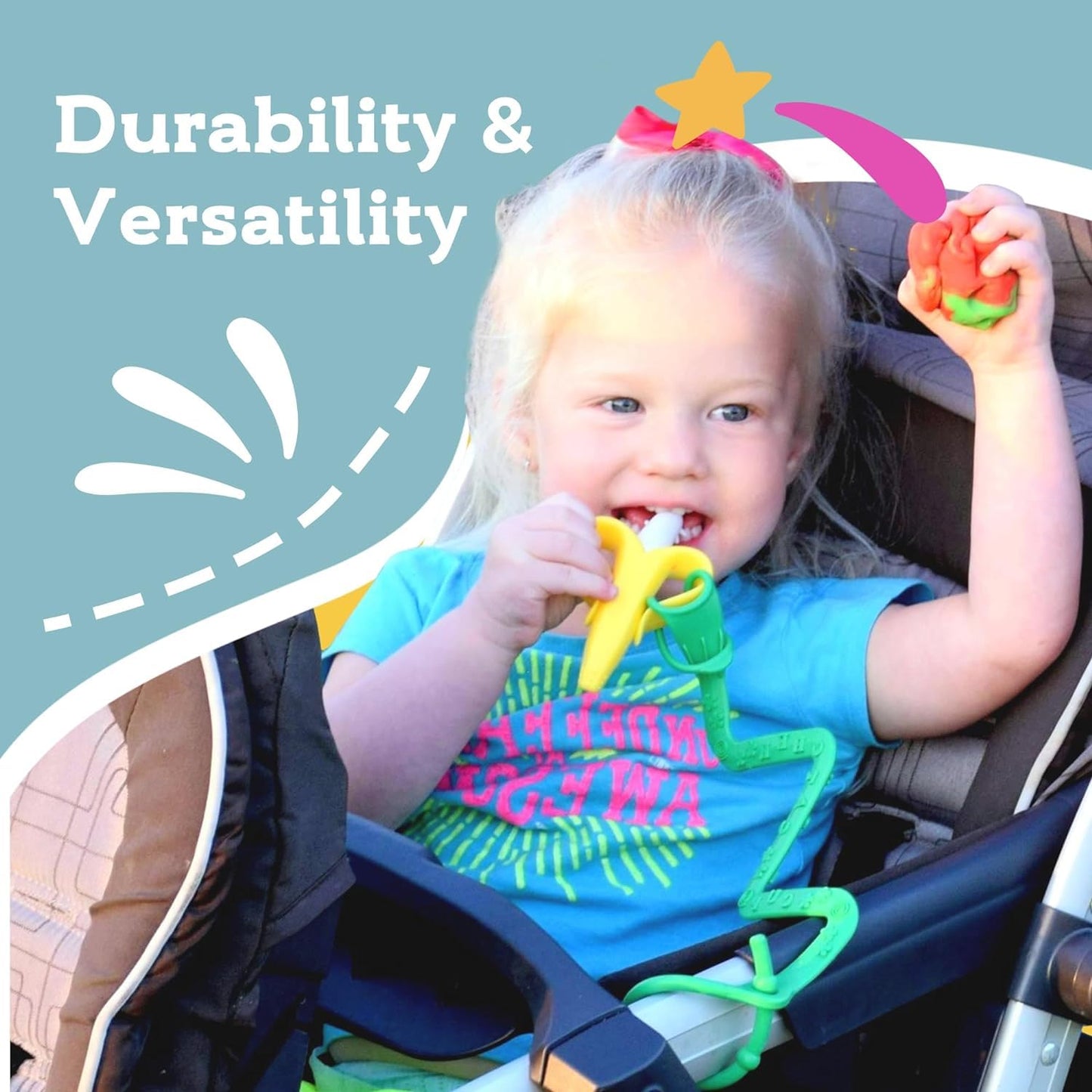 Brilli Baby Cup Catcher Patented Safety Tether Strap, Attach Sippy Cups, Bottles, Pacifiers & More to Stroller, High Chair, Car Seat, Made in USA, Food Grade, Dishwasher Safe (Lavender & Aqua)