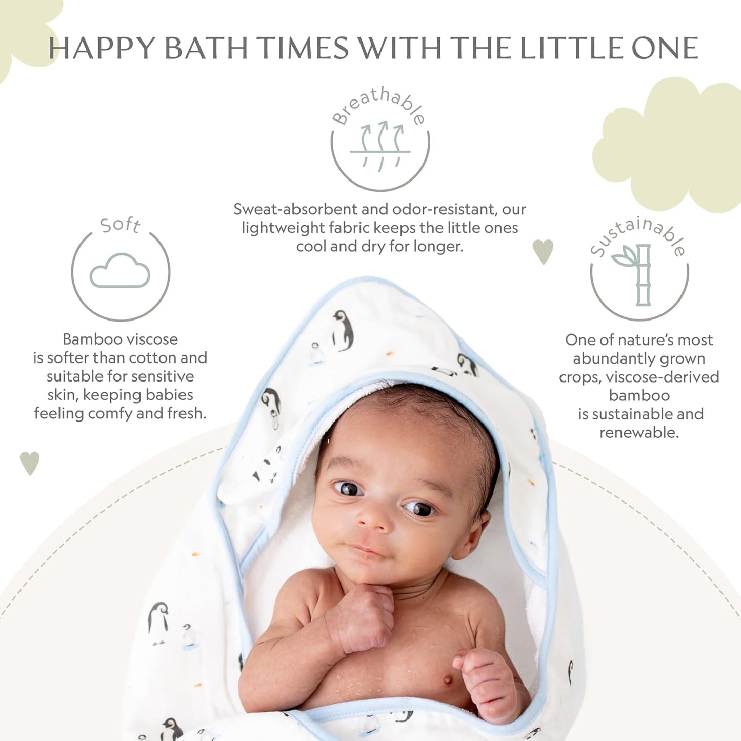 Bamboo Viscose Baby Hooded Towel & Washcloth Set for Babies and Toddlers, Soft & Absorbent, 70% Viscose from Bamboo, 30% Cotton Muslin - Imported (Penguin)