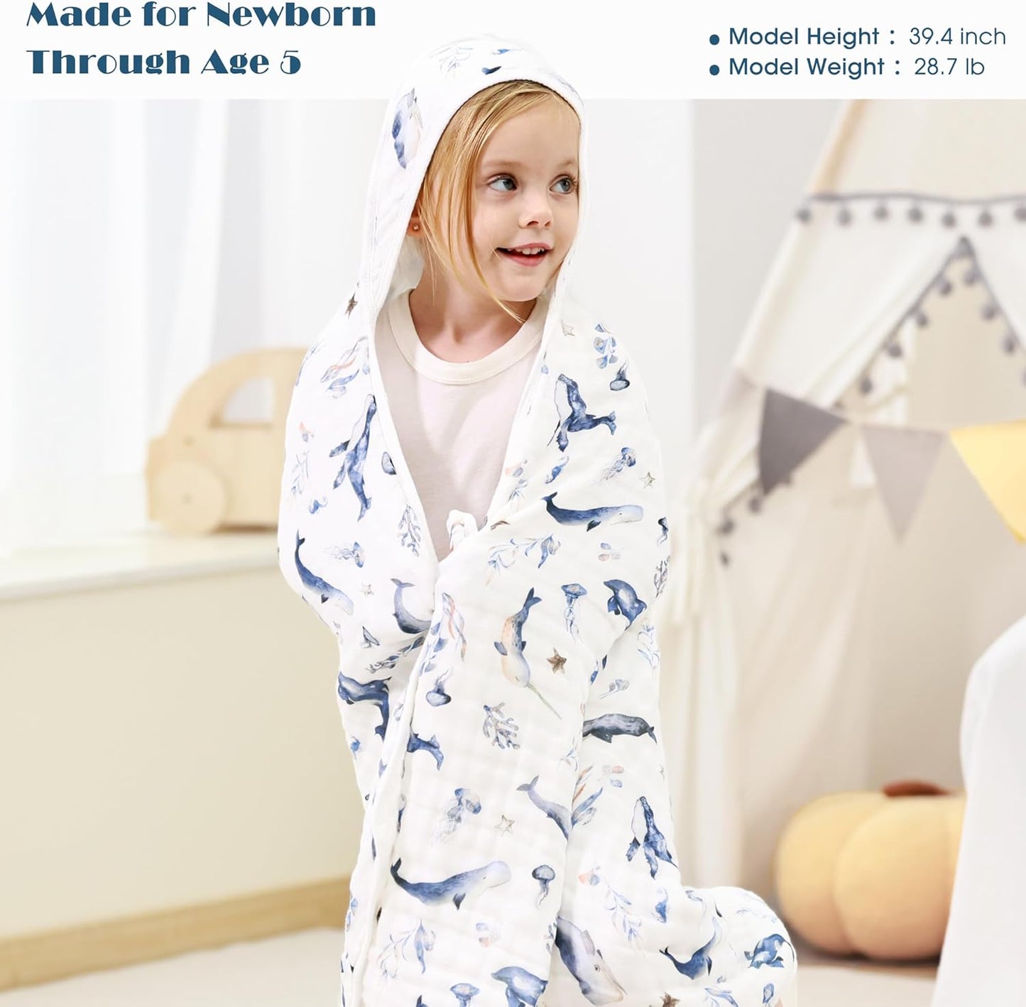 GRSSDER Ultra Soft Absorbent Muslin Cotton Baby Hooded Towel 2 Pack with Original Patterns, Extra Large Size 35"x 35" Swaddle Wrap for Newborn Infant and Toddler
