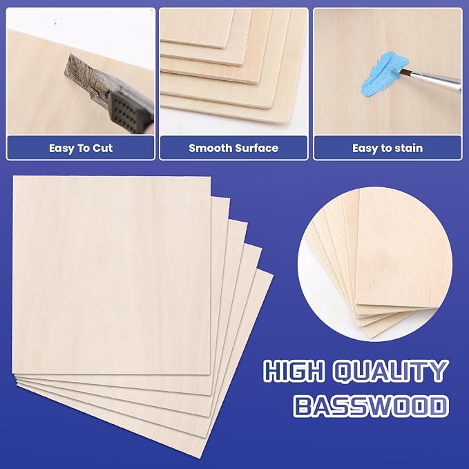 5 Pack Balsa Wood Sheet, Unfinished Wooden Squares Boards Balsa Plywood Wood