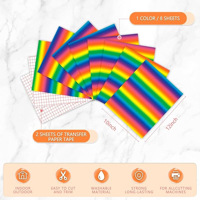 Tintnut Rainbow Gradient Permanent Vinyl 8 Sheets 12x10in Adhesive Vinyl |