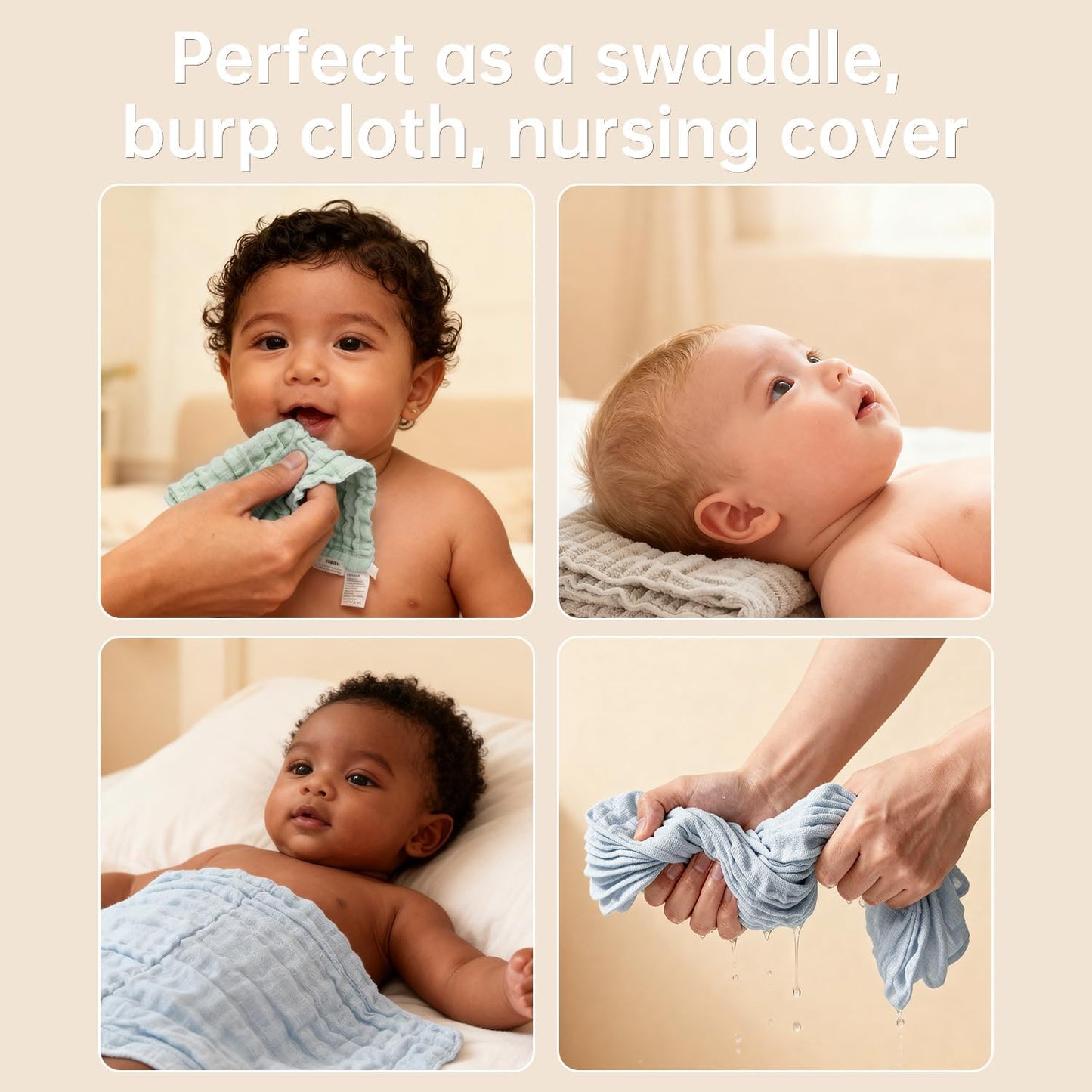 Organic Muslin Baby Washcloths 6 Pack Baby Bath Face Towel 12x12 Inch Extra Absorbent and Soft Burp Cloth and Wash Cloths for Newborn-Infants On Sensitive Skin (Blue Green Brown)
