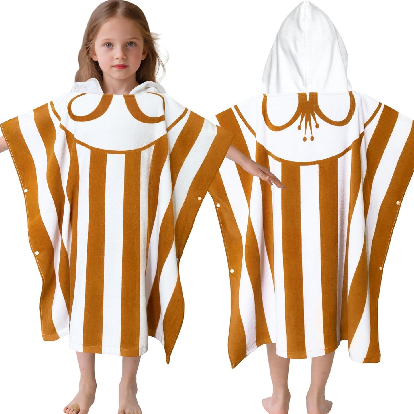 VOOVA & MOVAS Hooded Poncho Towel for Kids (4-8 Years,30"X30") | Soft Absorbent Cotton Towel Robe for Boys & Girls | Versatile Beach, Pool, Swim & Bath Cover-Up | Brown Stripe