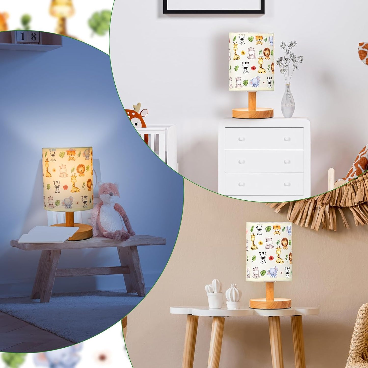 VIHOSE Safari Animal Kids Table Lamp for Bedroom Kids Bedside Lamp with Linen Wooden Nightstand Cartoon Nursery Lampshade for Girls Boys Living Room