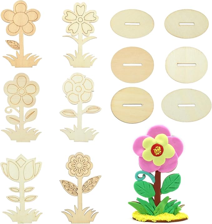 30 pcs 6 Styles Spring Flower Theme Unfinished Wooden Cutout Charms Cute Floral