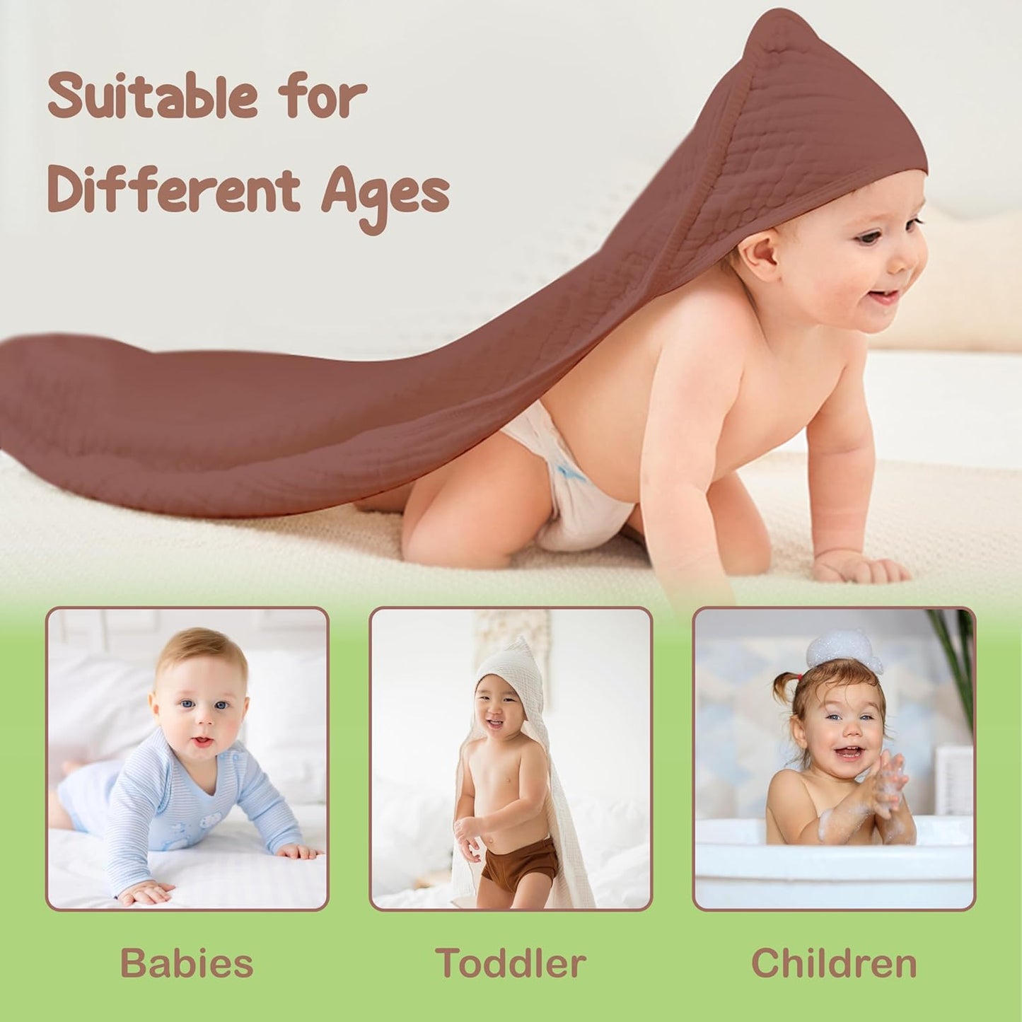 Organic Cotton Muslin Baby Hooded Towels - 32x32 Inch, 2 Pack Newborn Bath Towels for Boys & Girls, Soft & Absorbent Bath Set (Rust/Ivory)