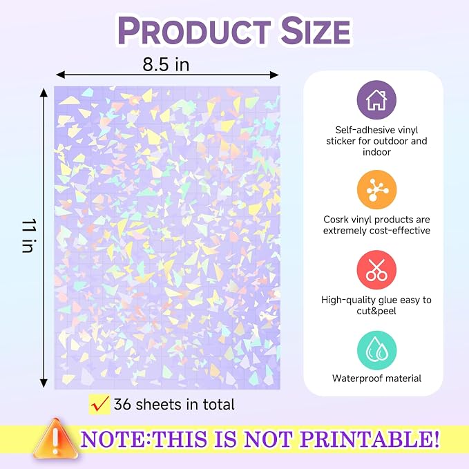 36 Sheets Holographic Laminate Sheets Clear Holographic Sticker Paper | Self