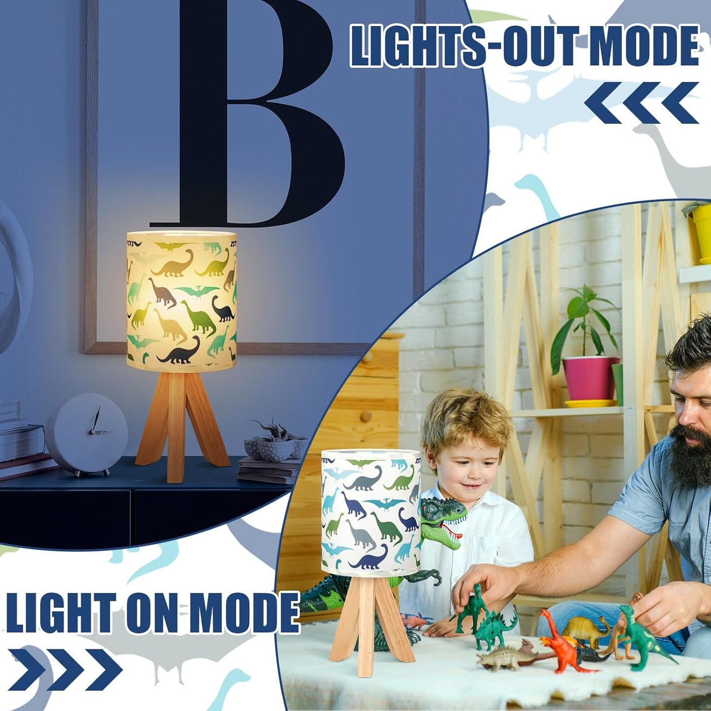 VIHOSE Dinosaur Kids Table Lamp for Bedroom Kids Bedside Lamp with Linen Wooden Nightstand Cartoon Nursery Lampshade for Girls Boys Living Room