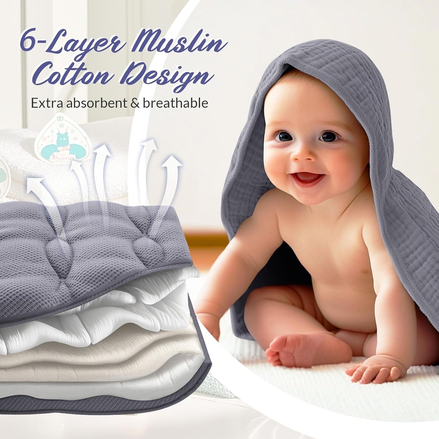 6 Pcs Muslin Hooded Bath Towels Washcloths and Bibs Set, Muslin Cotton Baby Towels Absorbent Hooded Blanket Towel Infant Bibs for Boys Girls Newborn Infant Essentials(Gray, Green)
