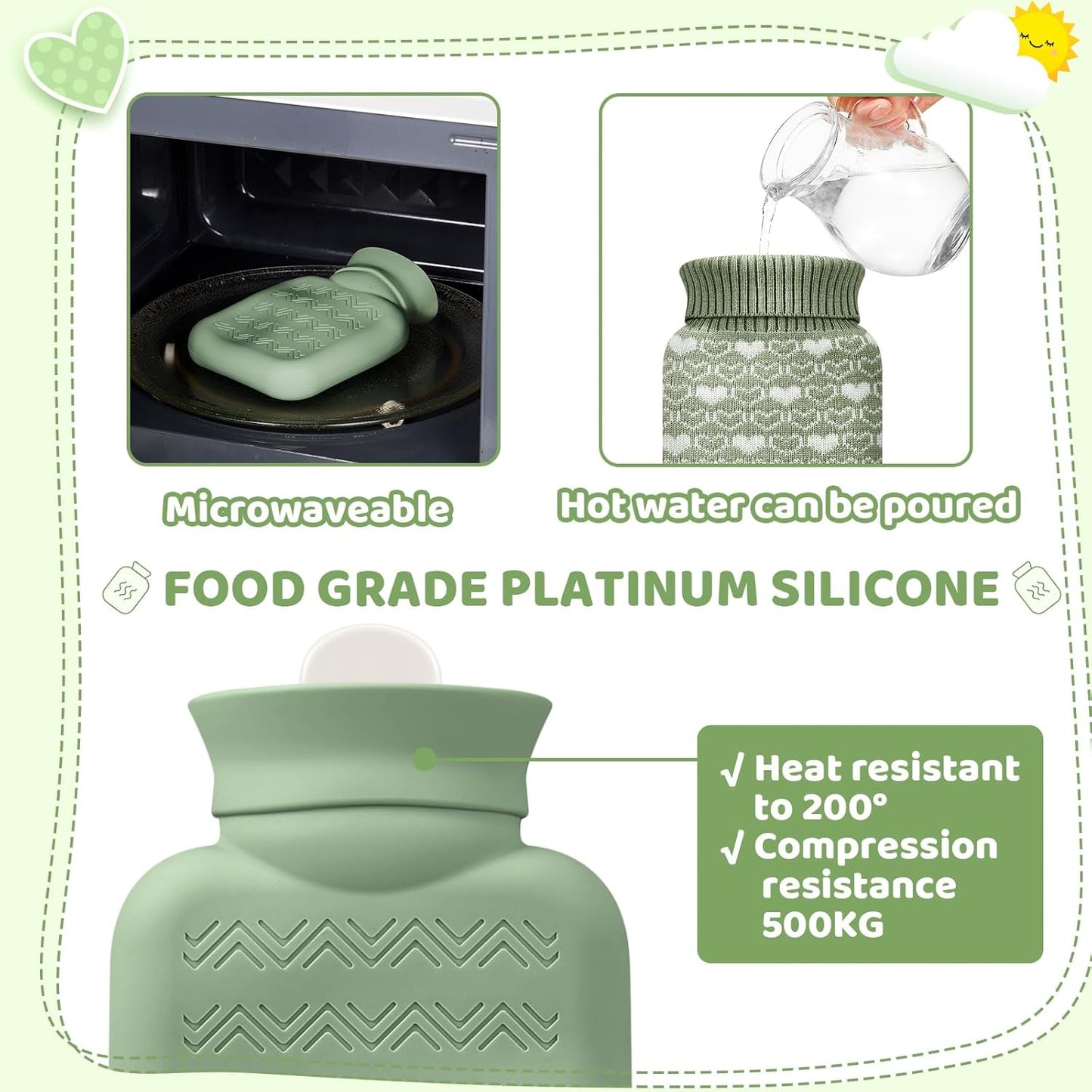Amylove Mini Hot Water Bottle 320ml for Hot & Cold Compress with Cover Silicone Microwave Heating Small Water Bag for Travel Pain Relief Holiday Gifts(Sage Green)