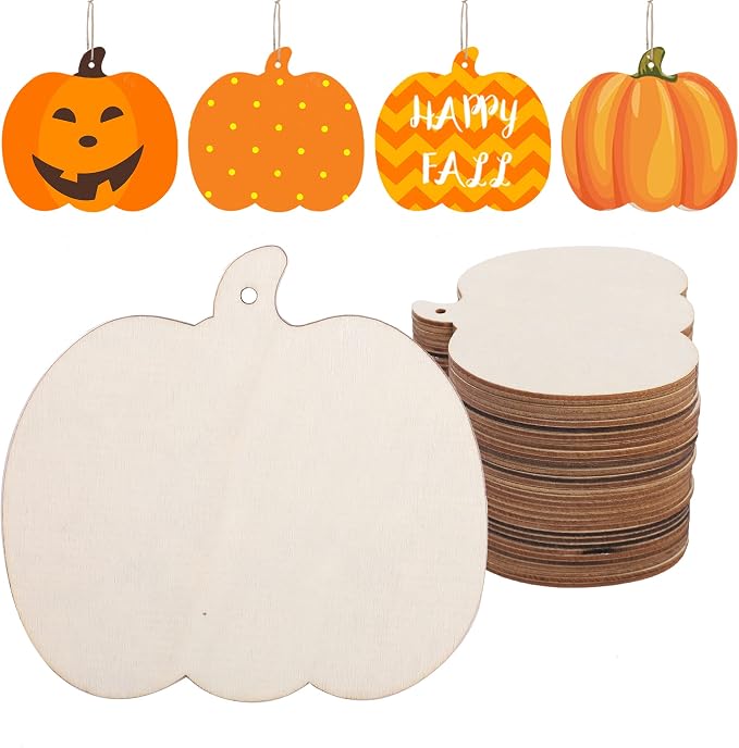 50 PCS Pumpkin Wood Cutouts Unfinished Fall Wooden Cutouts Blank Pumpkin Wood