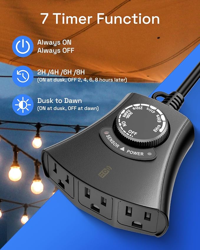 HBN Outdoor Light Timer with Remote Control, Waterproof Light Sensor Timer, 100 ft Wireless Range, 2 Grounded Outlets for Christmas Lights, 15A 1/2HP Heavy Duty