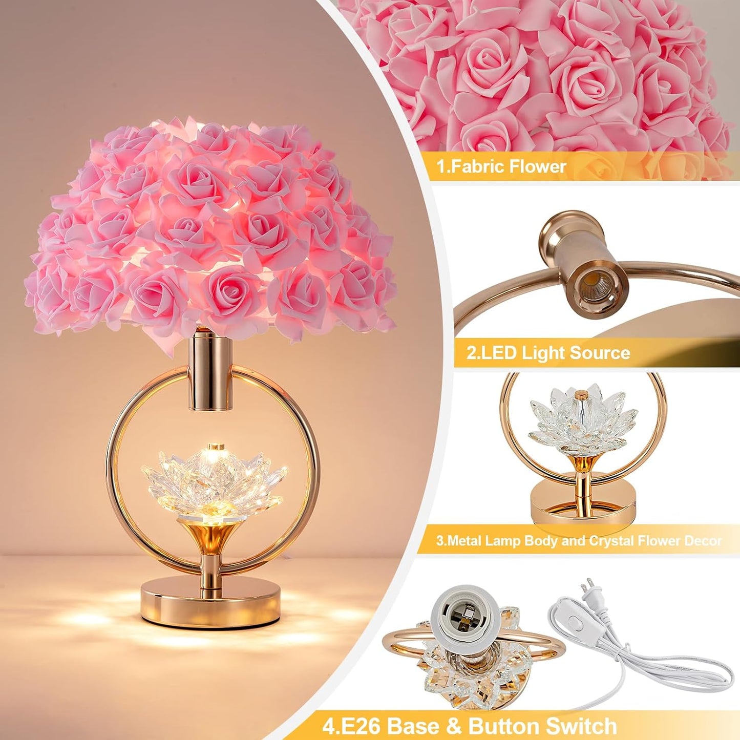 Modern Pink Rose Table Lamp with Crystal Romantic Flower Bedside Lamp Princess Nightstand Lamp Creative Desk Light for Girl Bedroom Living Room Entry Hotel Wedding 17IN