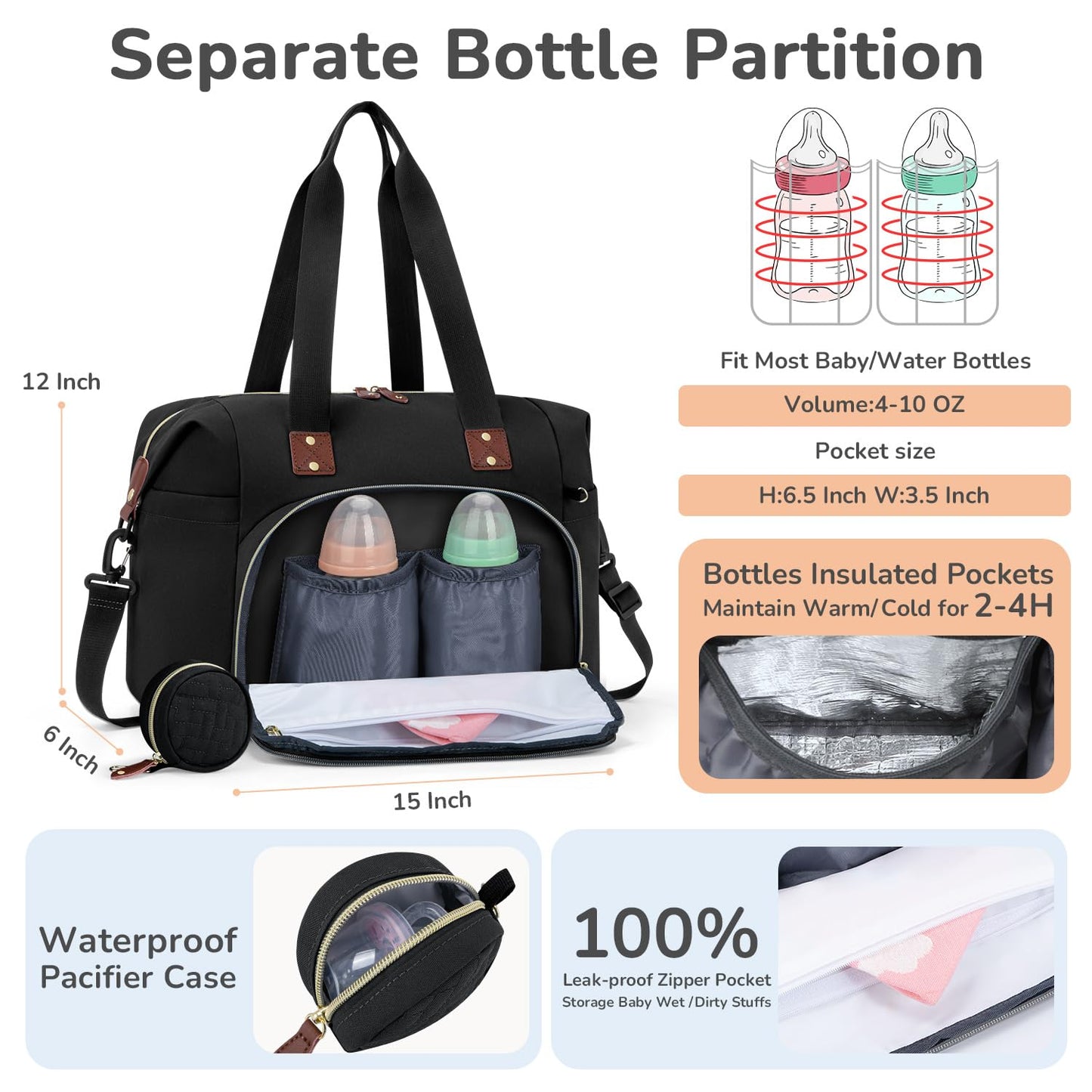 Diaper Bag Tote, Baby Bag Travel Diaper Tote Bag with Pacifier Case, Cute Maternity Hospital Baby Stylish Diaper Tote for Mom Dad Medium Size, Black