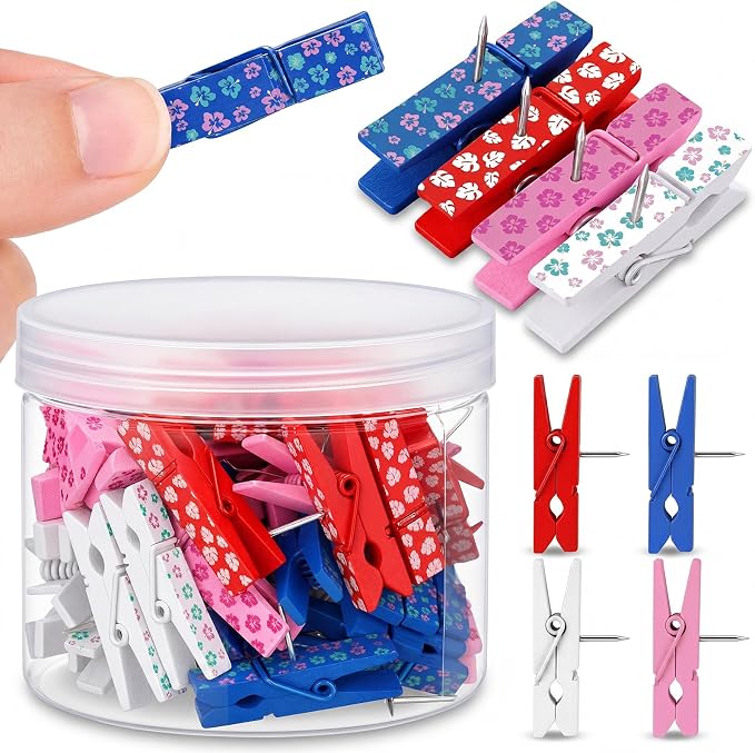 LemonRoad 60 Pcs Push Pin with Wooden Clips Teacher Cork Board Artworks