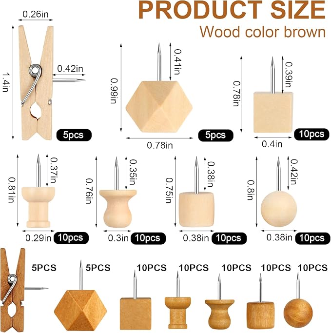 120Pcs Wooden Thumb Tacks, 7 Shapes Push Pins