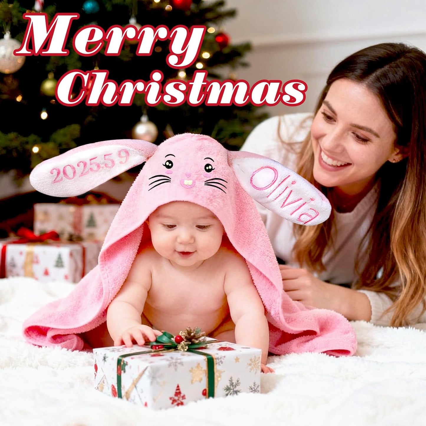 Baosity Custom Hooded Baby Towel with Name, Personalized Soft Absorbent Bunny Toddler Towel, Baby Bath Towel for Girls Boys, Christmas Brithday Gifts for Baby, Toddler, Newborn Essential