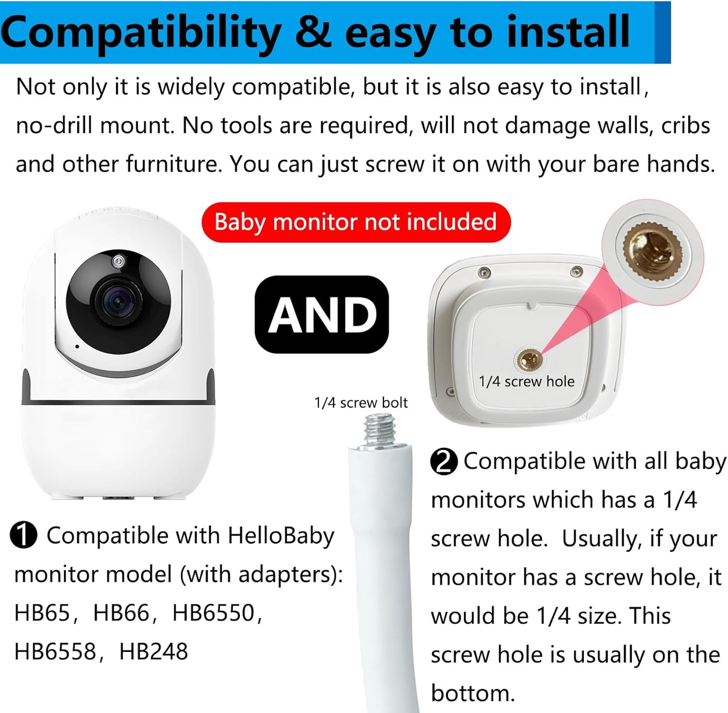 Baby Monitor Mount, 360°Adjustable, No Drill Install, Safe to Baby and Furniture, Baby Monitor Clip Baby Camera Mount for Crib Room, Compatible with HelloBaby HB65 HB66 HB6550 HB6558 HB248 Hello Baby