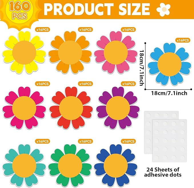 160Pcs Colorful Flower Cutouts Back to School Bulletin Board Decoration Set