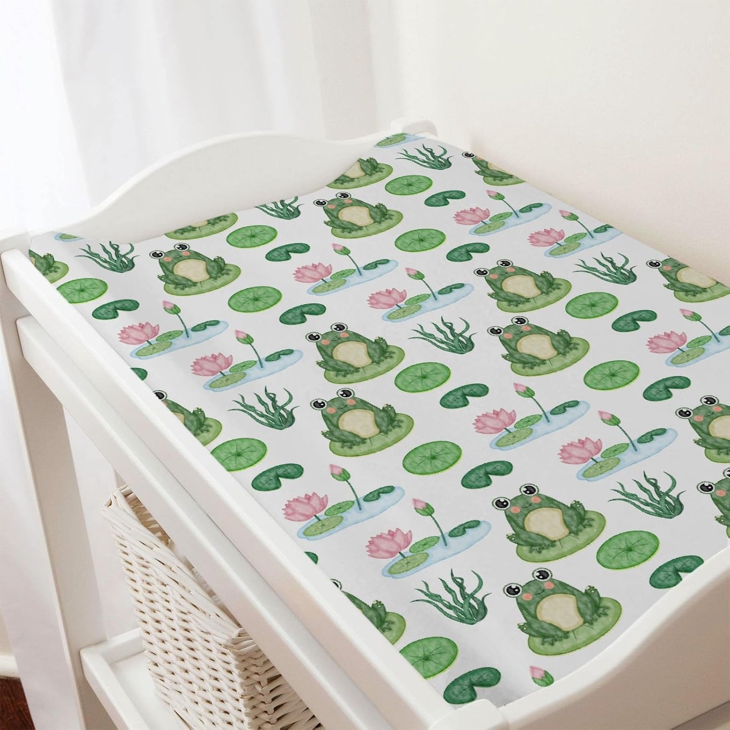 Cartoon Frogs Flower Leaves Pond Changing Pad Covers Water Lilies Lake Diaper Change Table Pad Sheets for Baby Girl Boy Animal Soft Breathable Stretch Baby Changing Table Pad Mats Covers 32''x16''