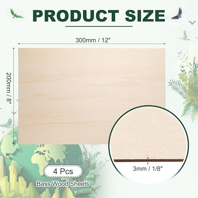 HARFINGTON 4pcs 3mm Basswood Plywood Sheets 12" x 8" x 1/8" Thin Unfinished