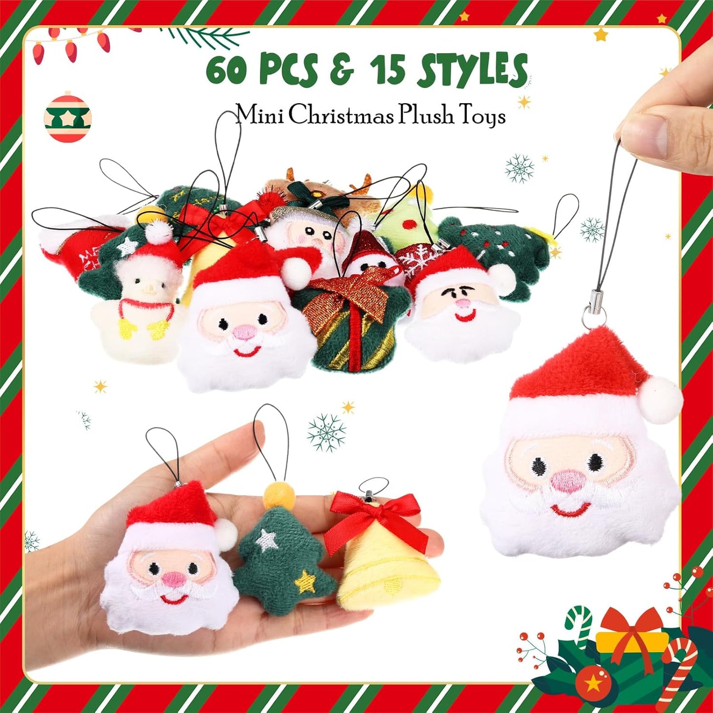 Libima 60 Pcs Christmas Mini Stuffed Animals Christmas Plush Keychain Santa Claus Tree Santa Hat Elk Bells Snowmen Hanging Plush Toys for Carnival Birthday Classroom Prizes Stocking Stuffer