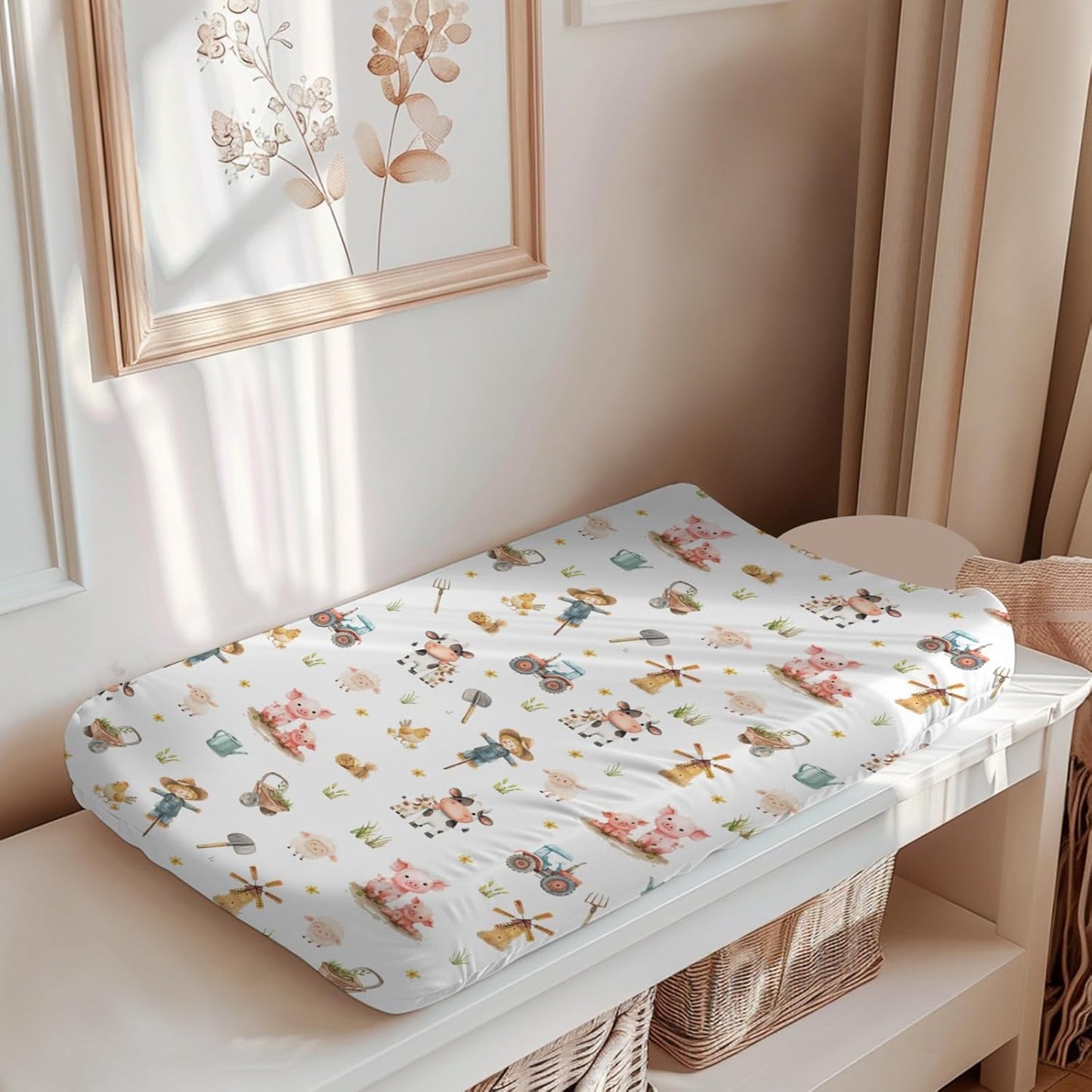 Soft 2 Pack Farm Animal Cow Sheep Pigs Tractor Pattern Baby Changing Pad Covers for Infant Newborn, Unisex Farm Nursery Fitted Diaper Changing Table Pad Mat Sheets for Boys Girls-16x32